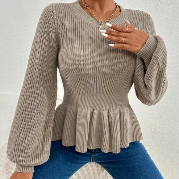 PEPLUM LANTERN SLEEVE KNIT SWEATER FALL WINTER CHIC CASUAL STREETWEAR - Picture 2 of 6